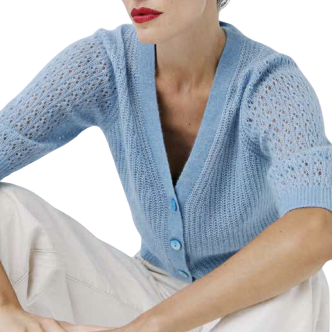 Shaker Cardigan w/ Fancy Stitch Puff Sleeves in Chambray