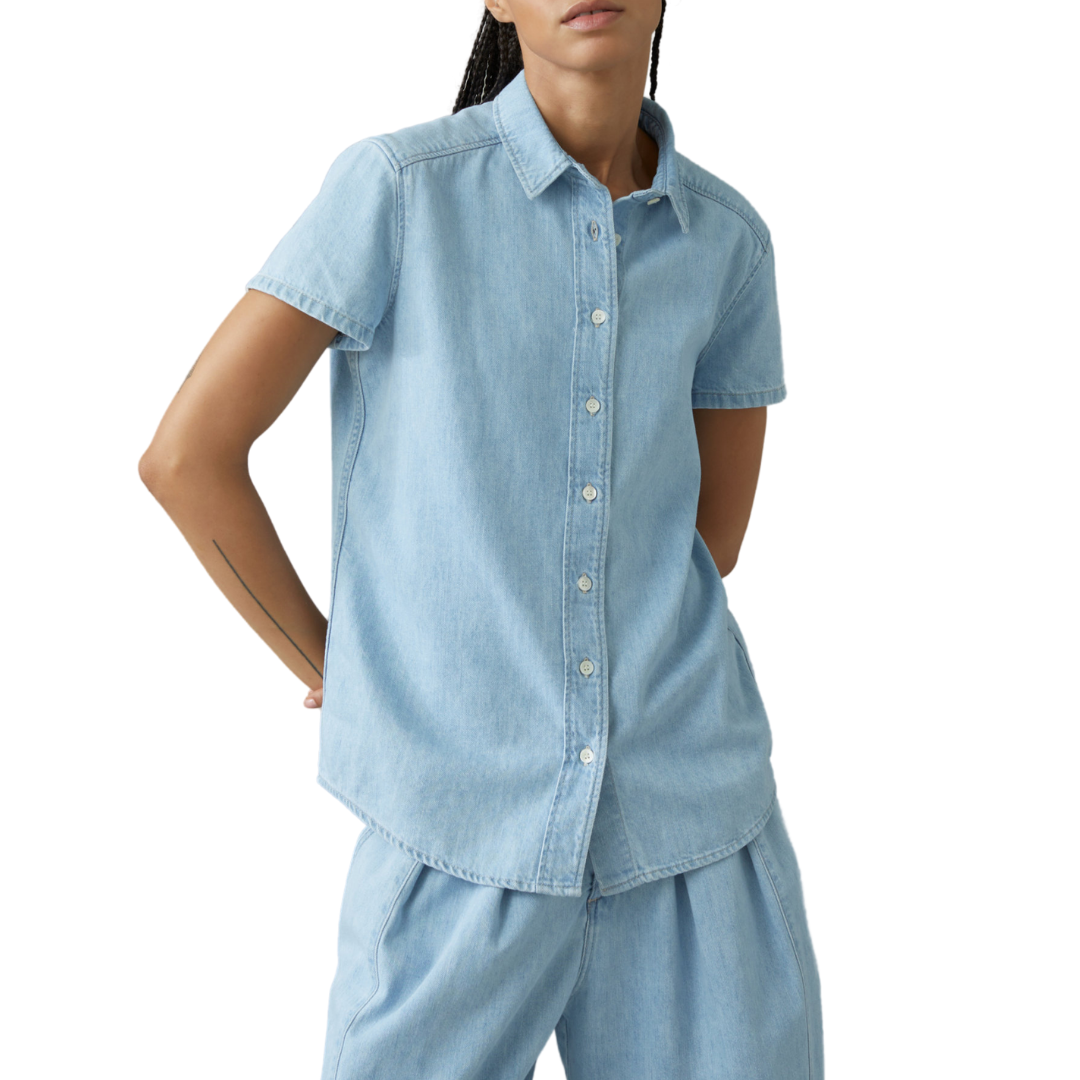 A Better Blue Short Sleeve Denim Blouse