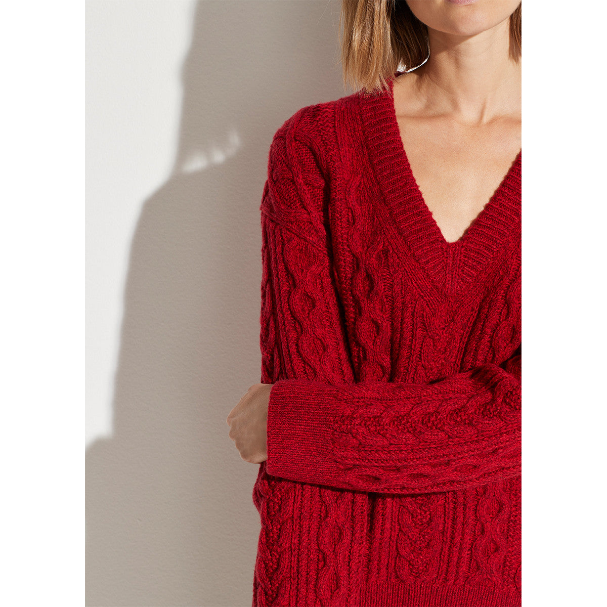 Wool and Cashmere Cable Knit V-Neck Sweater