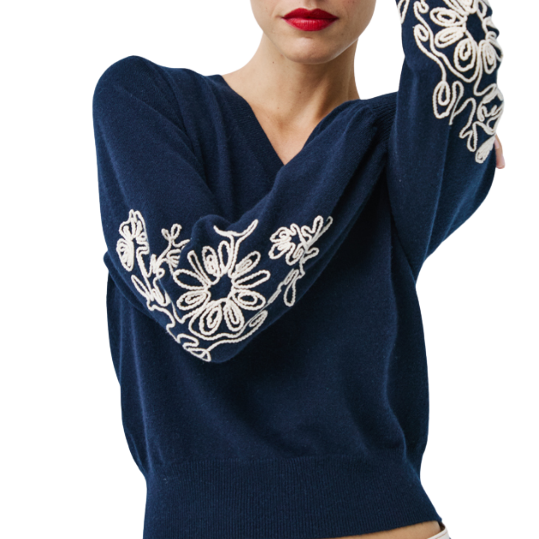 Puff Sleeve V w/ Contrast Embroidery in Navy Combo