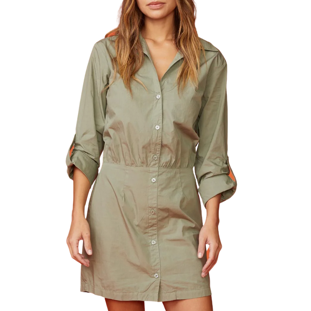 Monrow Poplin Shirt Dress in Laurel Green in Vermont