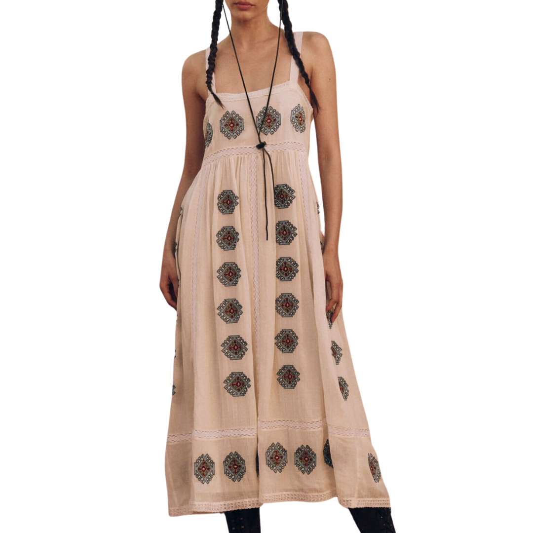 The Roam Dress with Folklore Embroidery in Cream