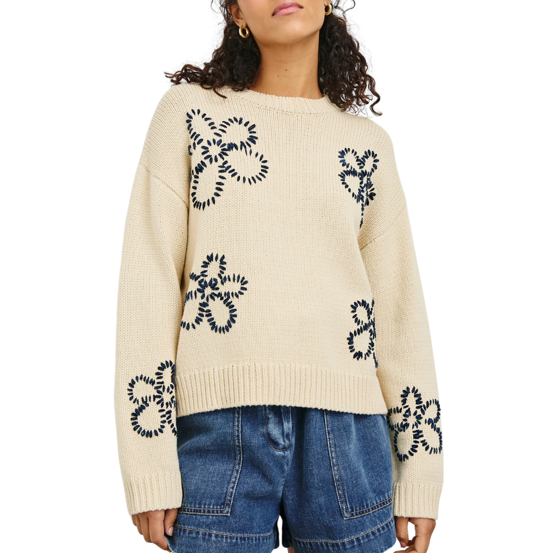 Zoey Sweater in Ivory Navy Stitched Daisies
