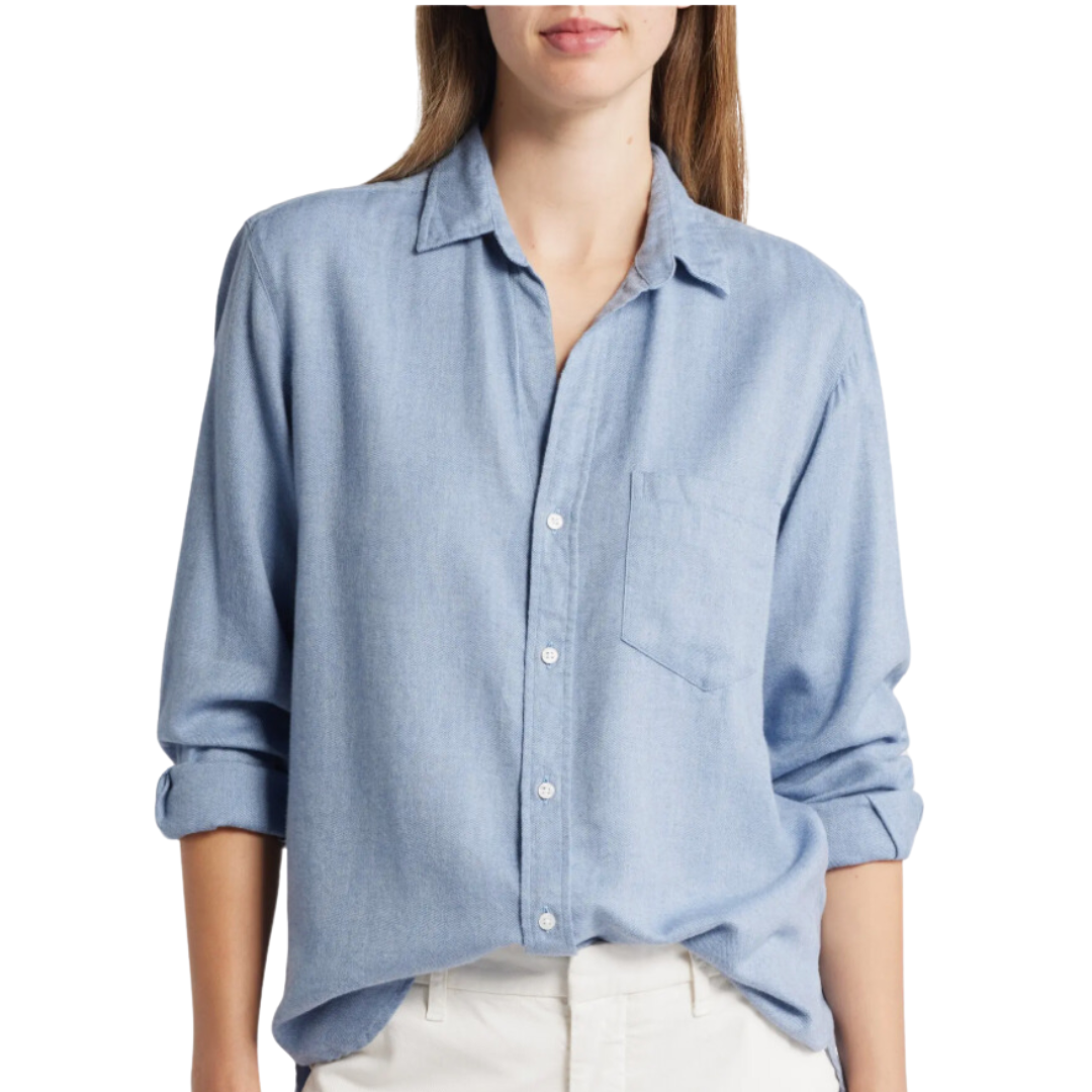 Joedy Boyfriend Button-Up Shirt in Italian Flannel Blue Herringbone