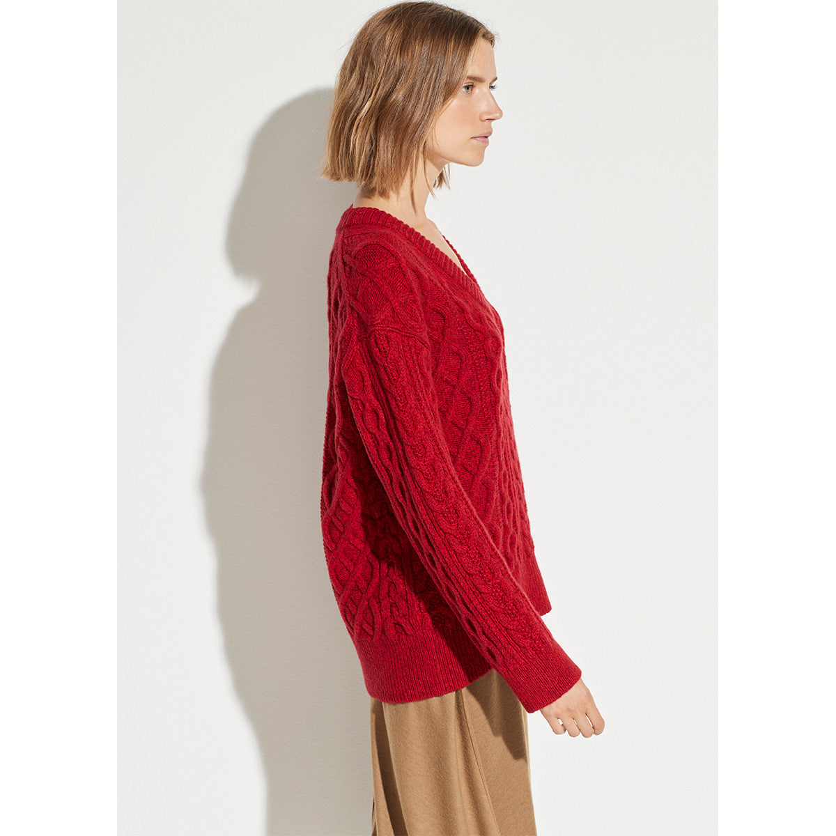 Wool and Cashmere Cable Knit V-Neck Sweater