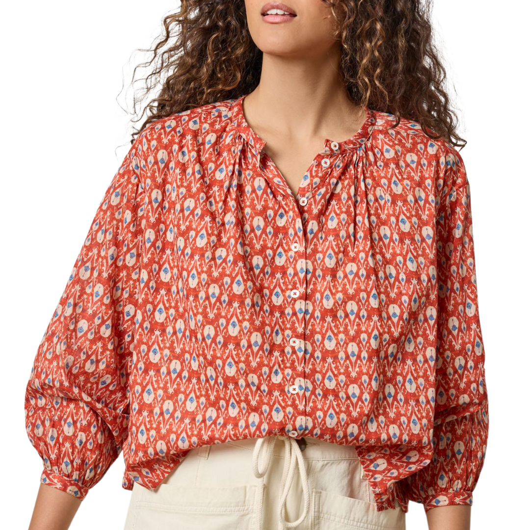 Long Sleeve Shirred Blouse in Chili Print