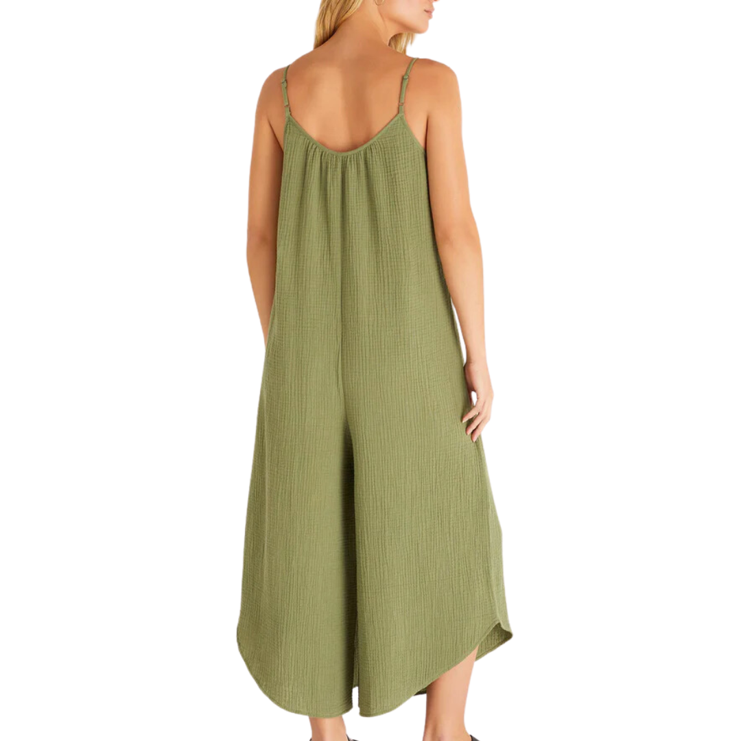 Flared Gauze Jumpsuit in Olive Branch