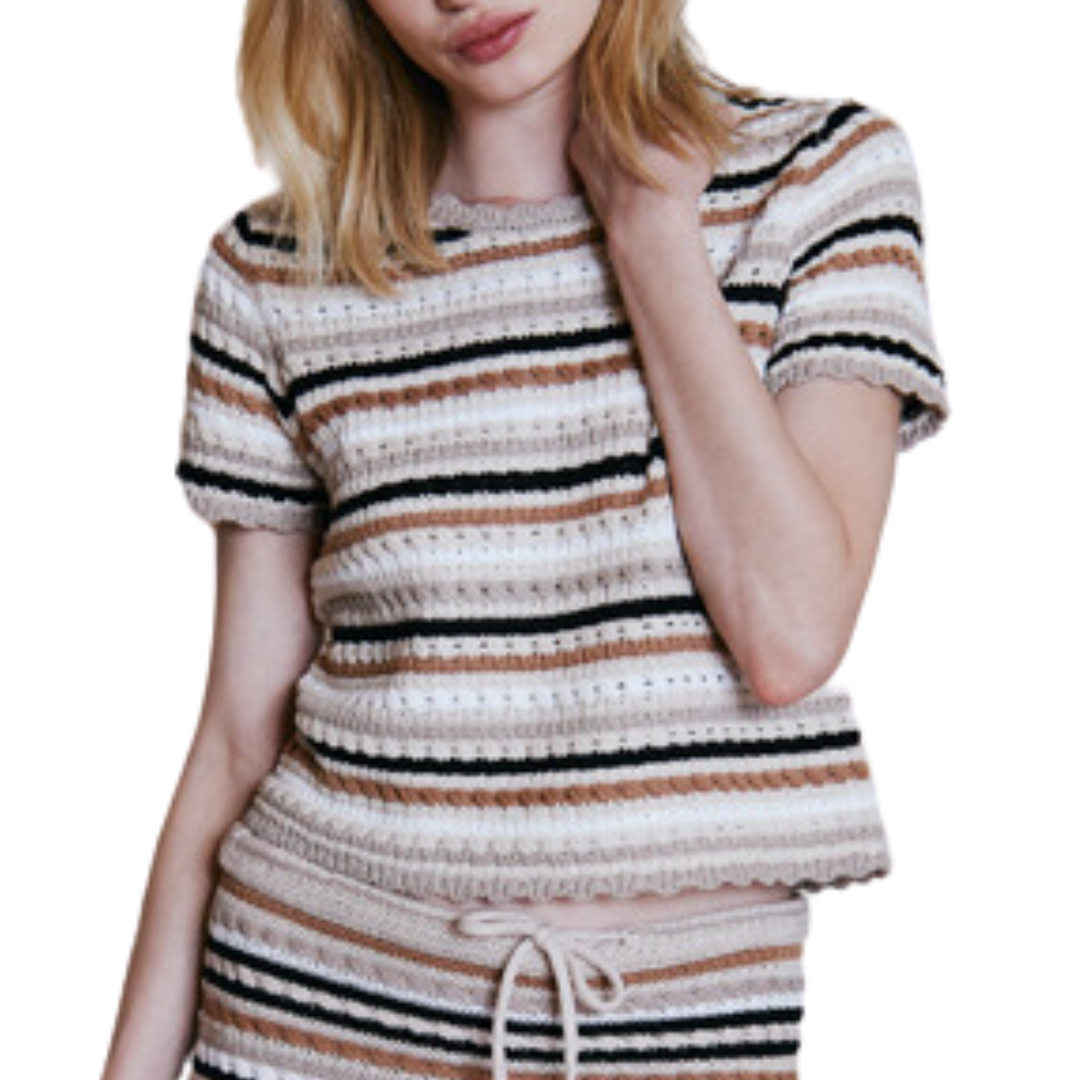 Mixed Stitch Stripe S/S Crew in Neutral Combo