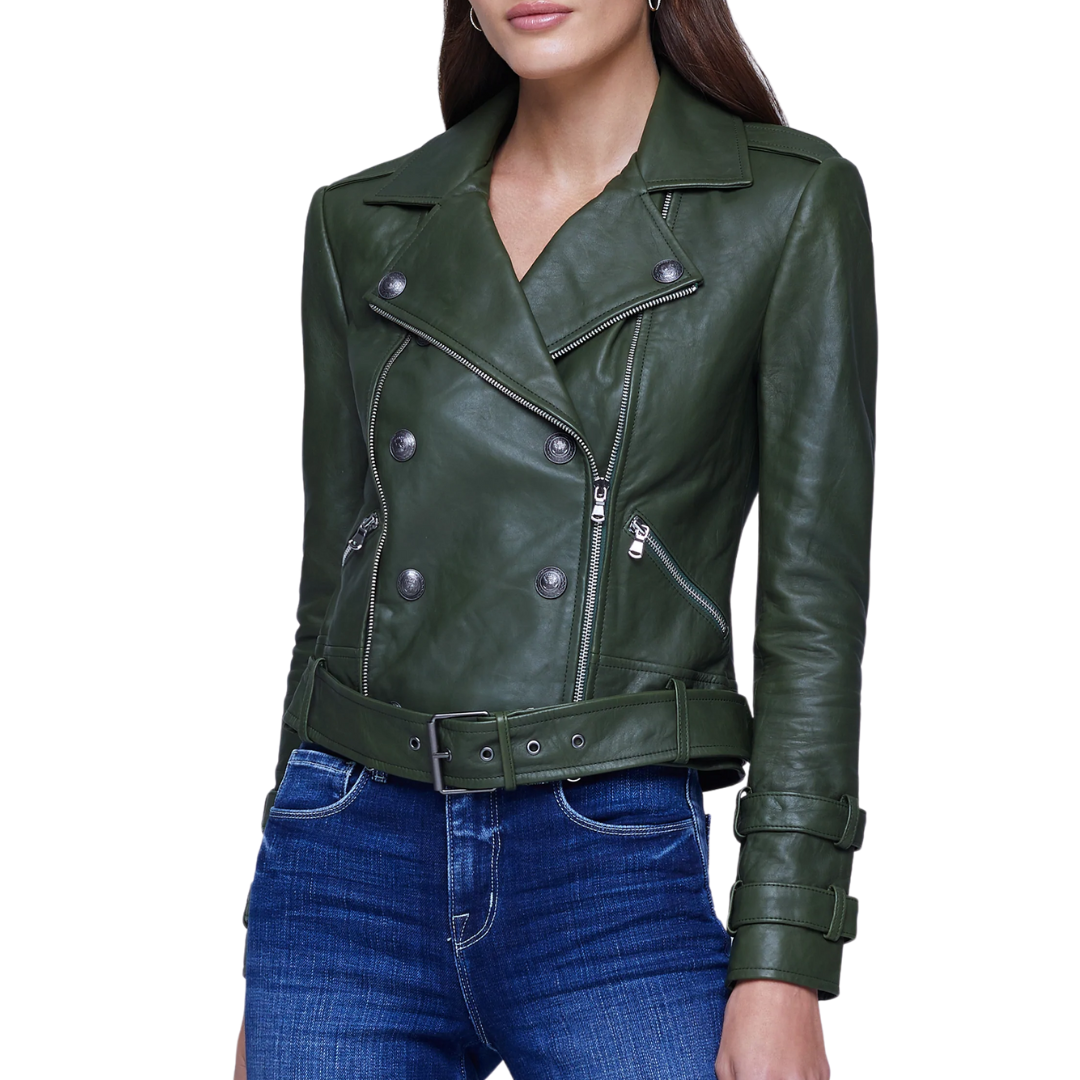 Billie Belted Leather Jacket in Dark Moss