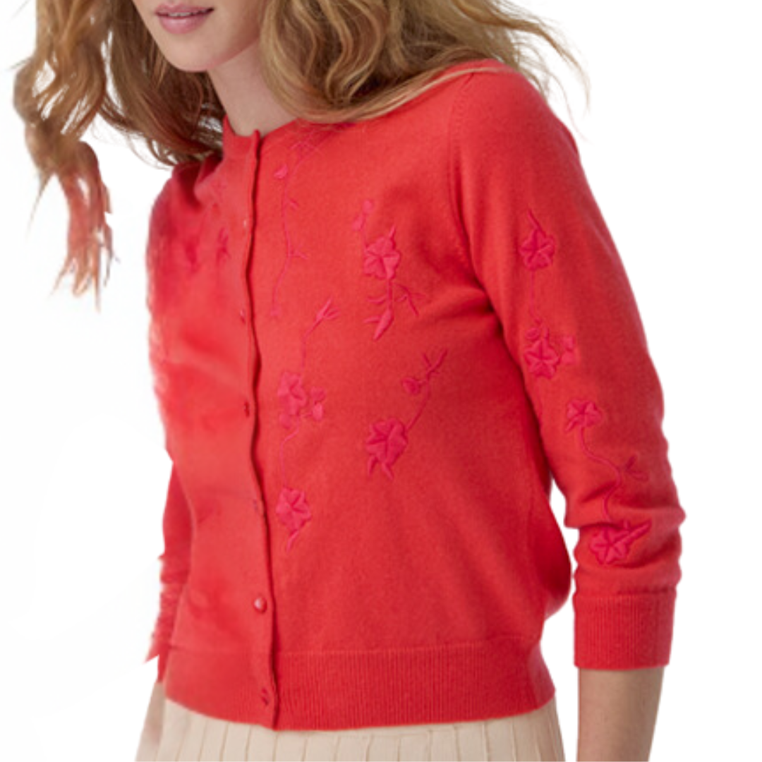Tonal Embroidered Baby Cardigan in Coral