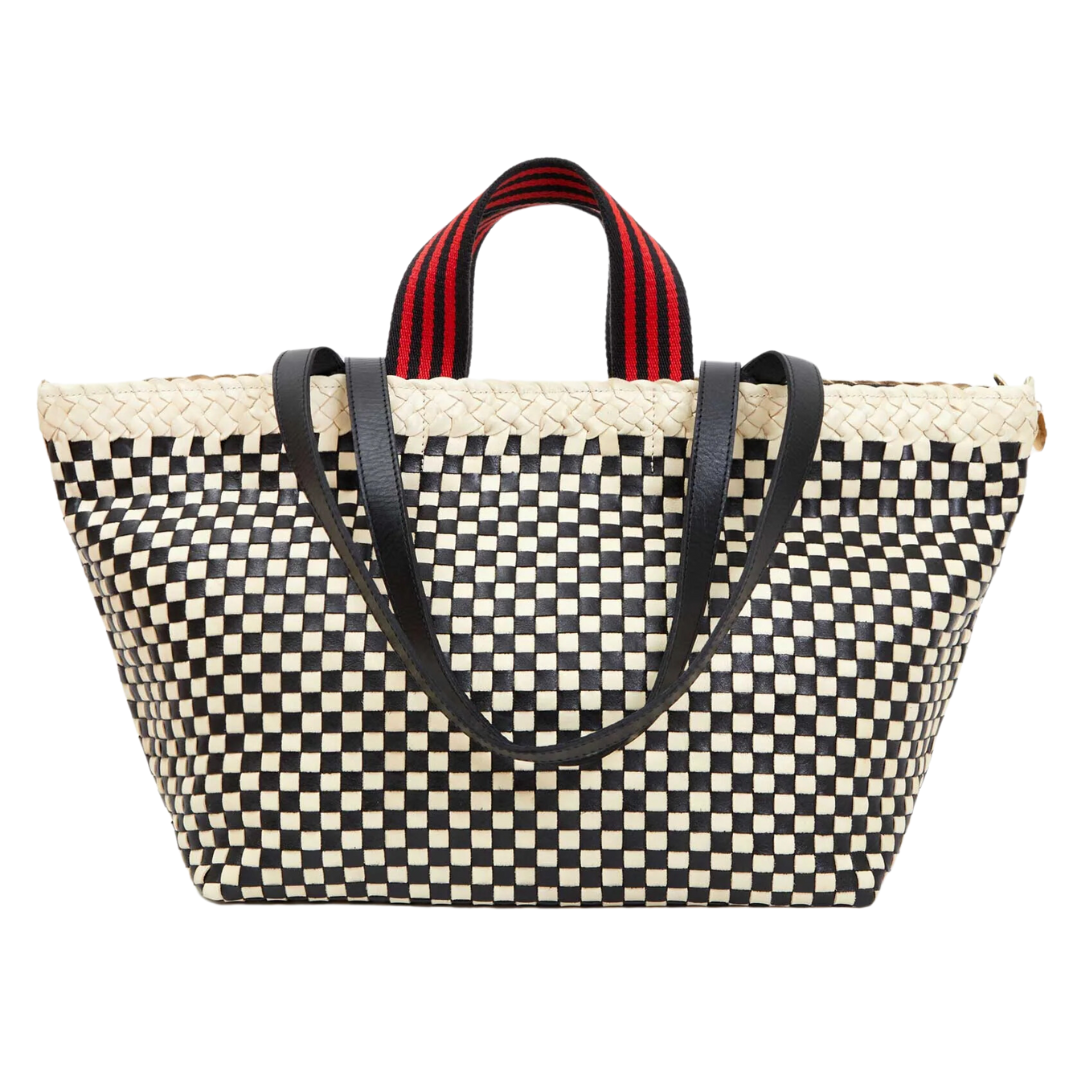Bateau Tote in Cream & Black Border Woven Checker