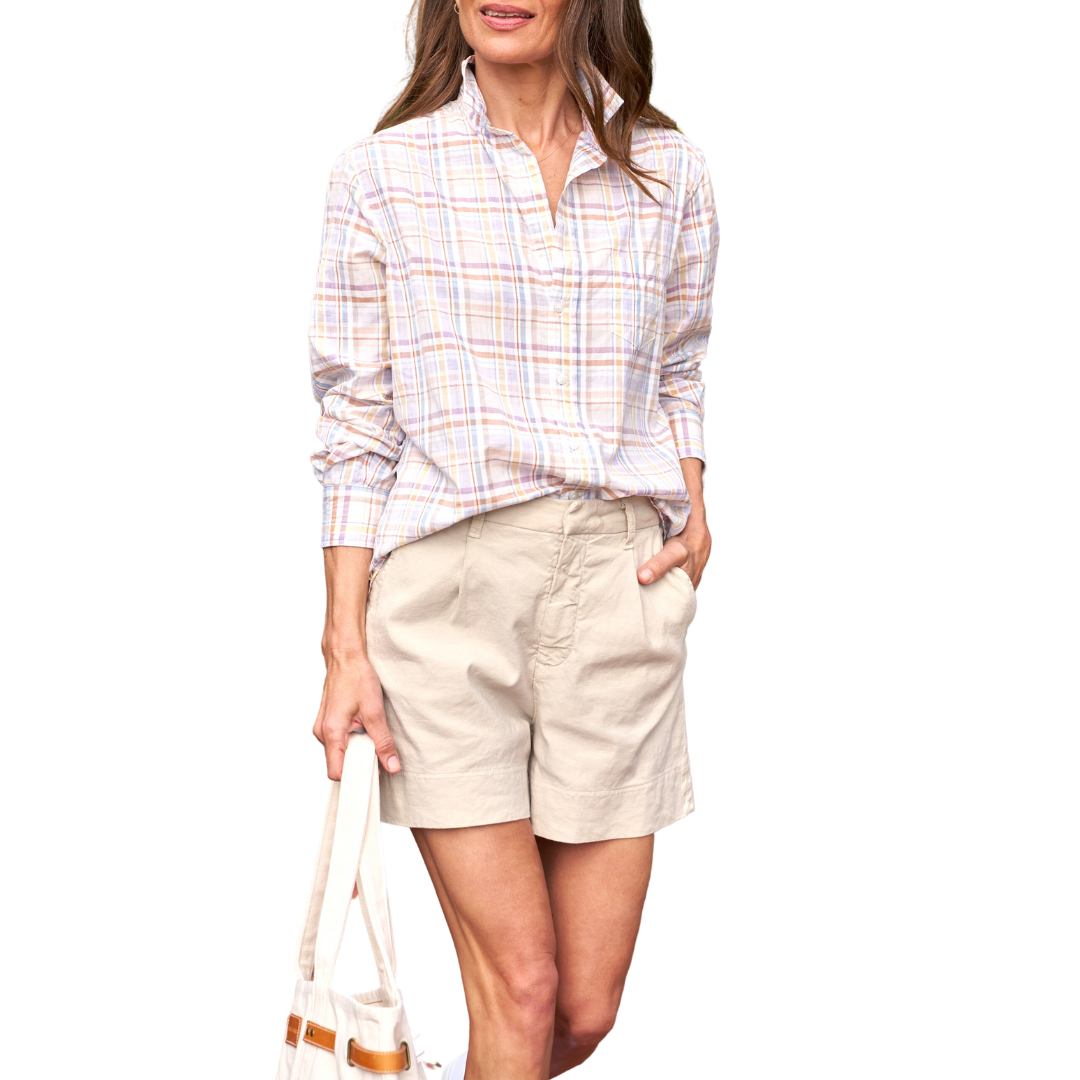 Eileen in Italian Cotton Sand, Grey, Purple Plaid