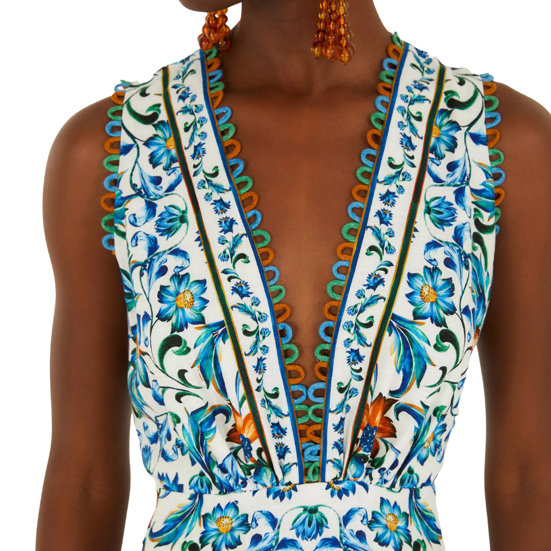 Flora Tile Scallop Linen Midi Dress in Off-White
