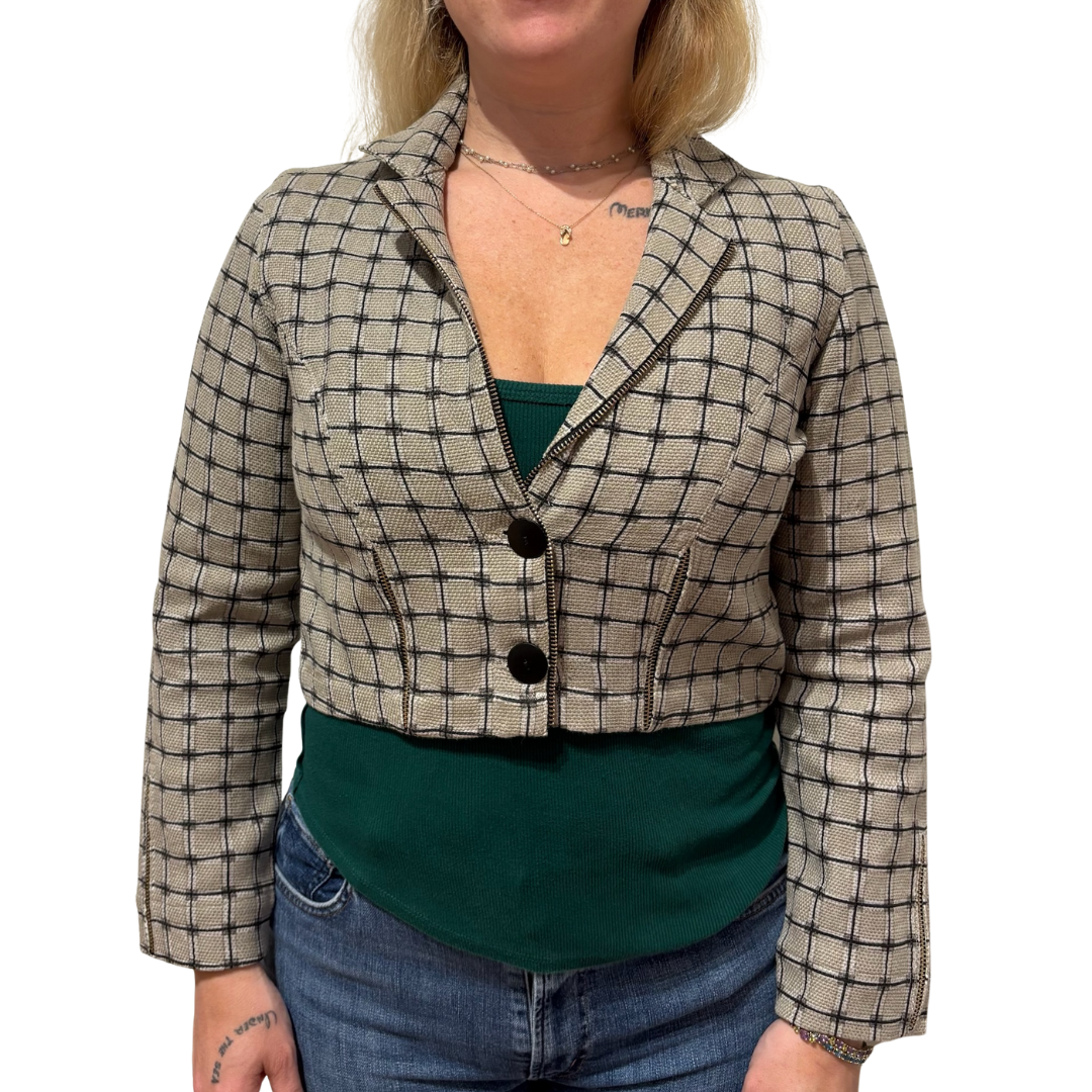 Check Crop Jacket in Taupe