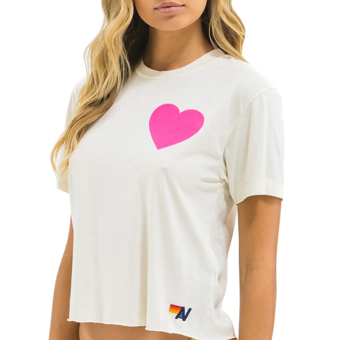 Heart Print Boyfriend Tee in Vintage White/Neon Pink