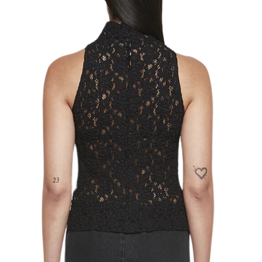 Puckered Lace Sleevelesss Mockneck in Black