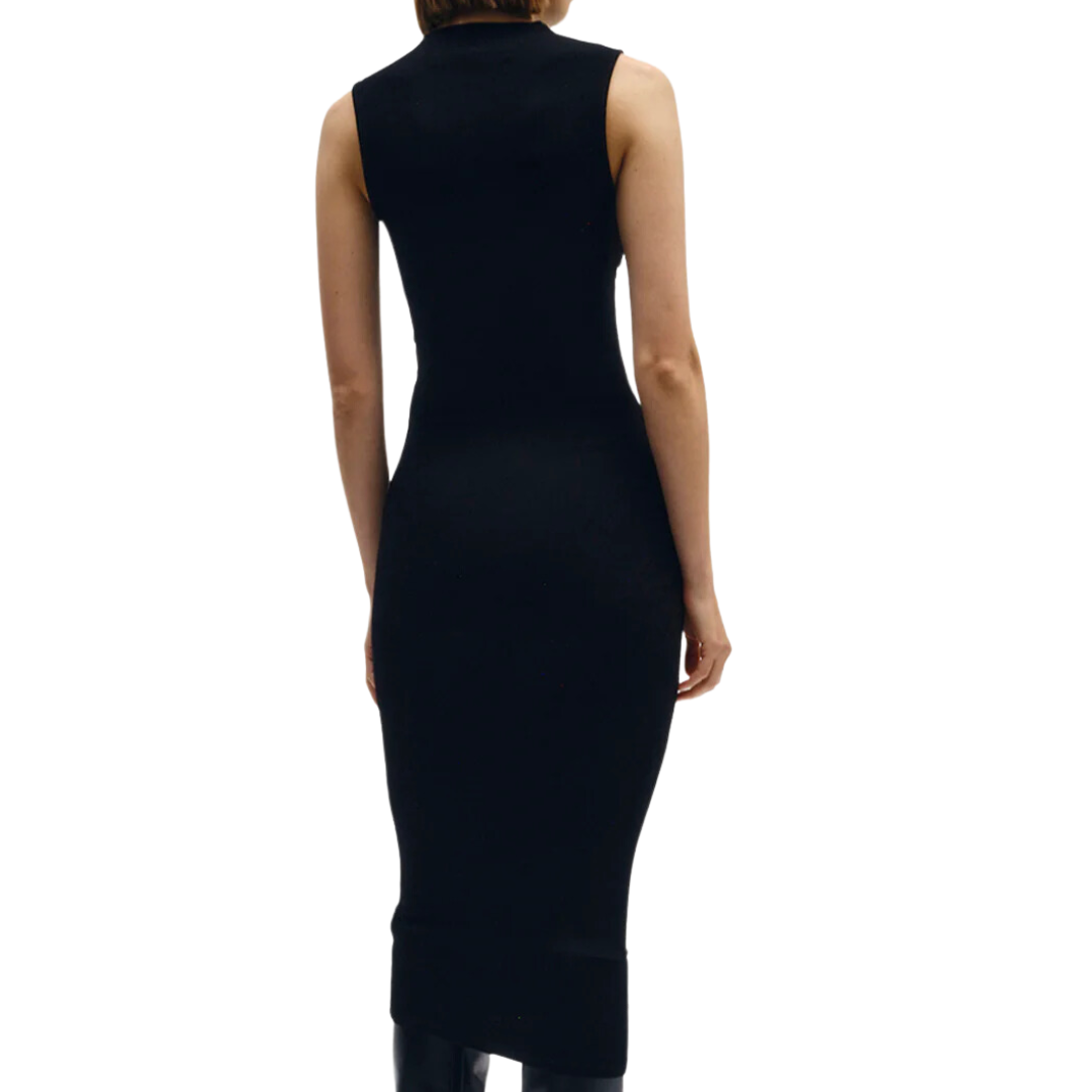 Silk Rib Sleeveless Twist Dress in Black