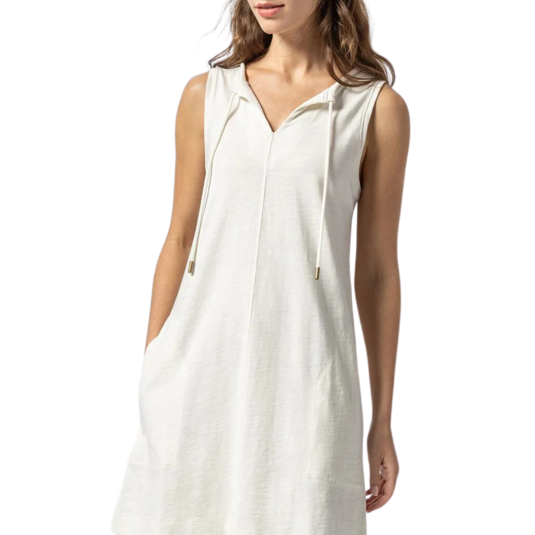 Split Neck Sleeveless Dress in Ecru