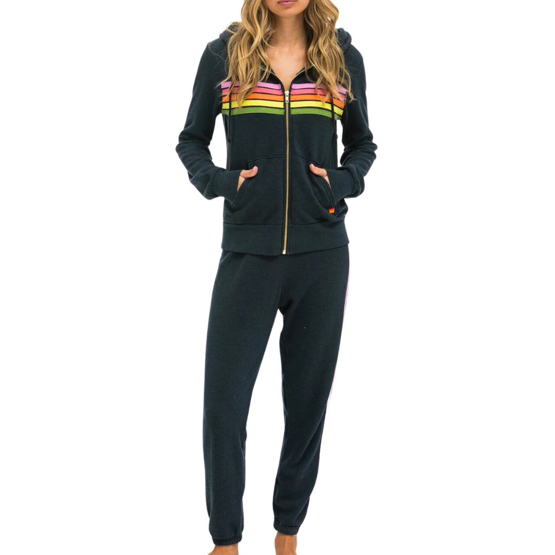 5 Stripe Hoodie in Charcoal/Pink/Green