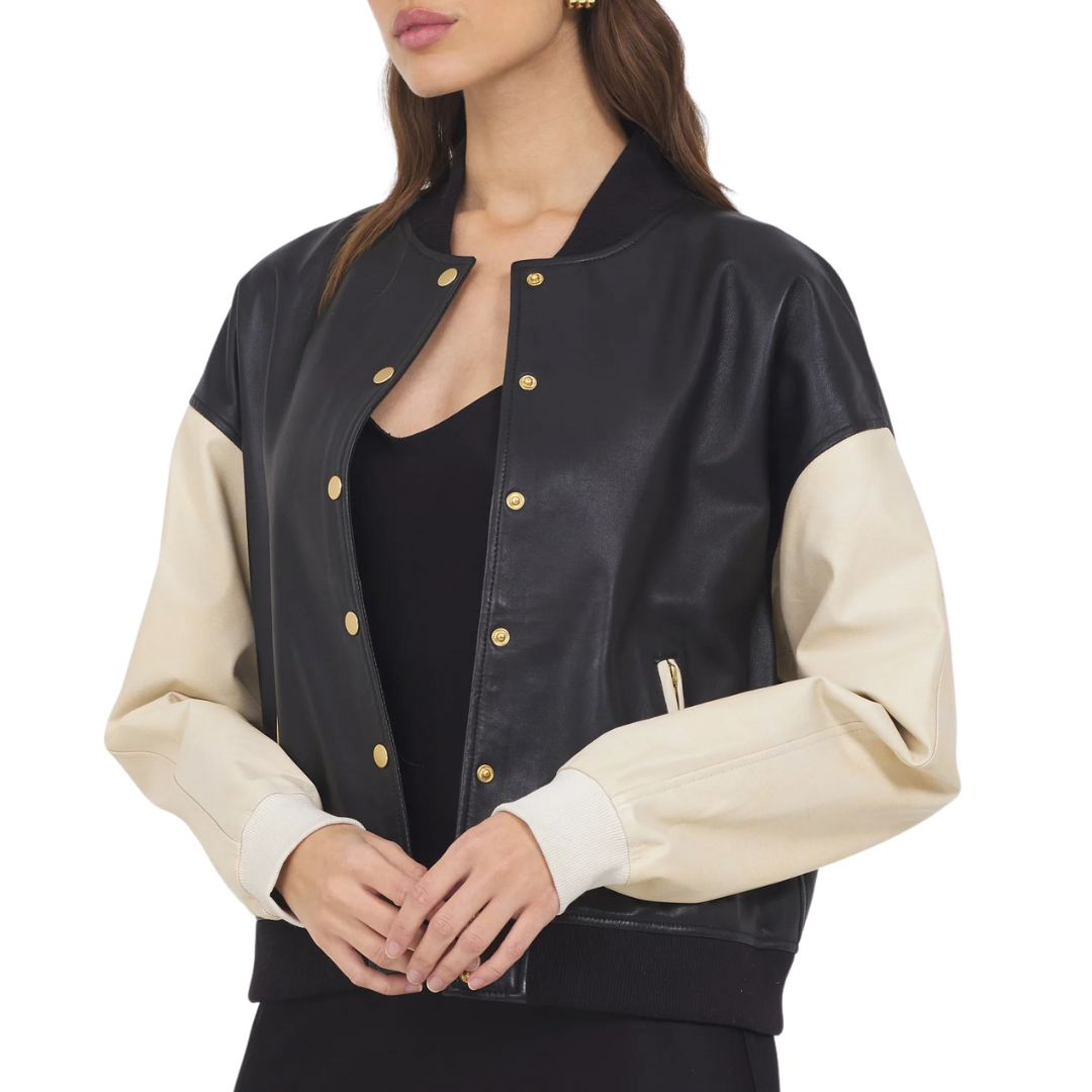 Mae Washed Leather Jacket in Black/Cream