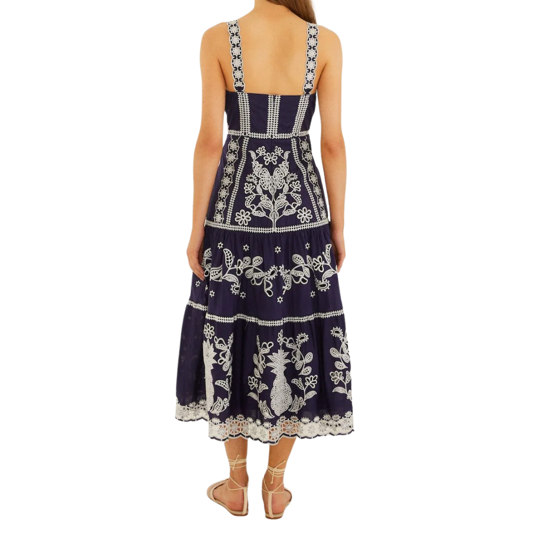 Richelieu Embroidered Midi Dress in Blue