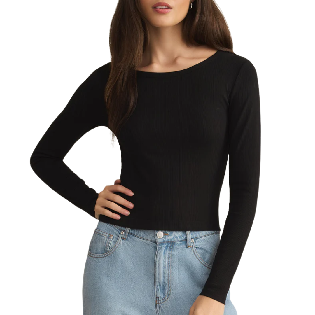Infinity Fitted Rib Long Sleeve Tee in Black