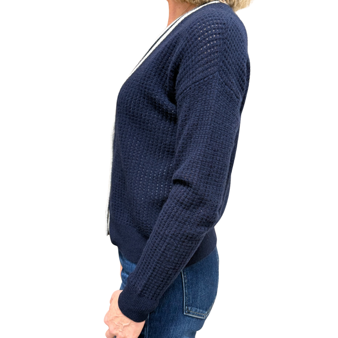Mesh Cardigan w/ Varsity Stripe in Navy Combo