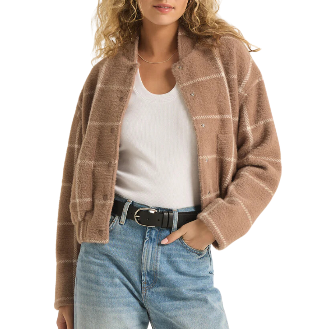 Lex Plaid Sweater Knit Bomber Jacket in Heather Taupe