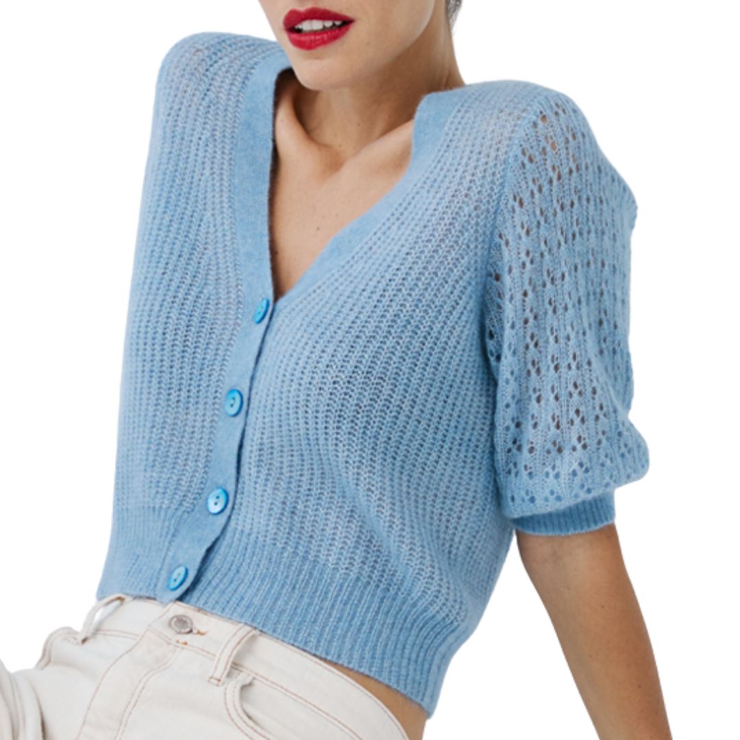 Shaker Cardigan w/ Fancy Stitch Puff Sleeves in Chambray