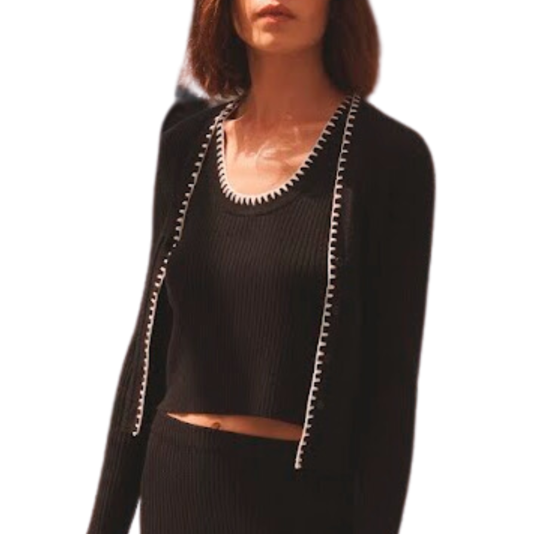 Cotton Cashmere Embroidered Rib Tank Top in Black