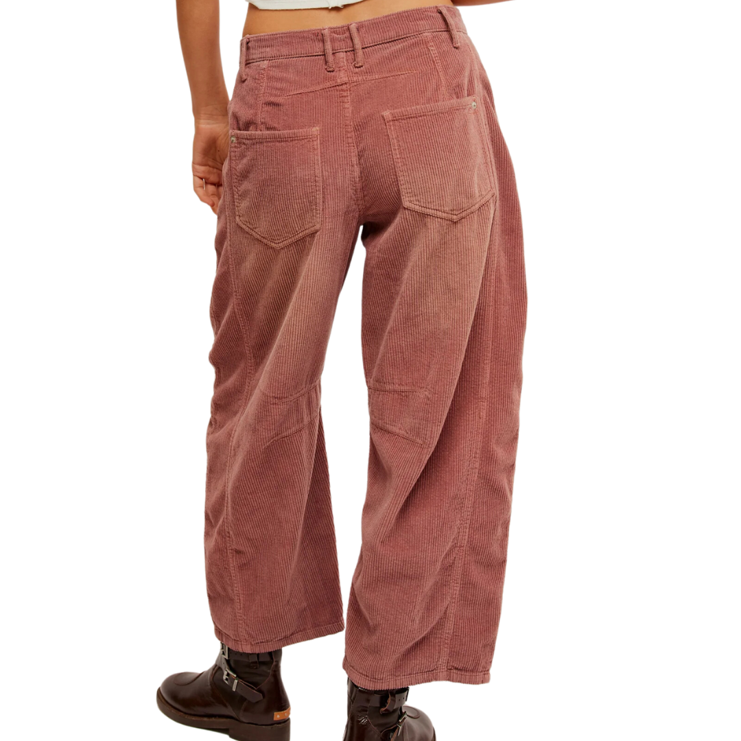 We The Free Good Luck Mid-Rise Cord Barrel Jeans in Withered Rose