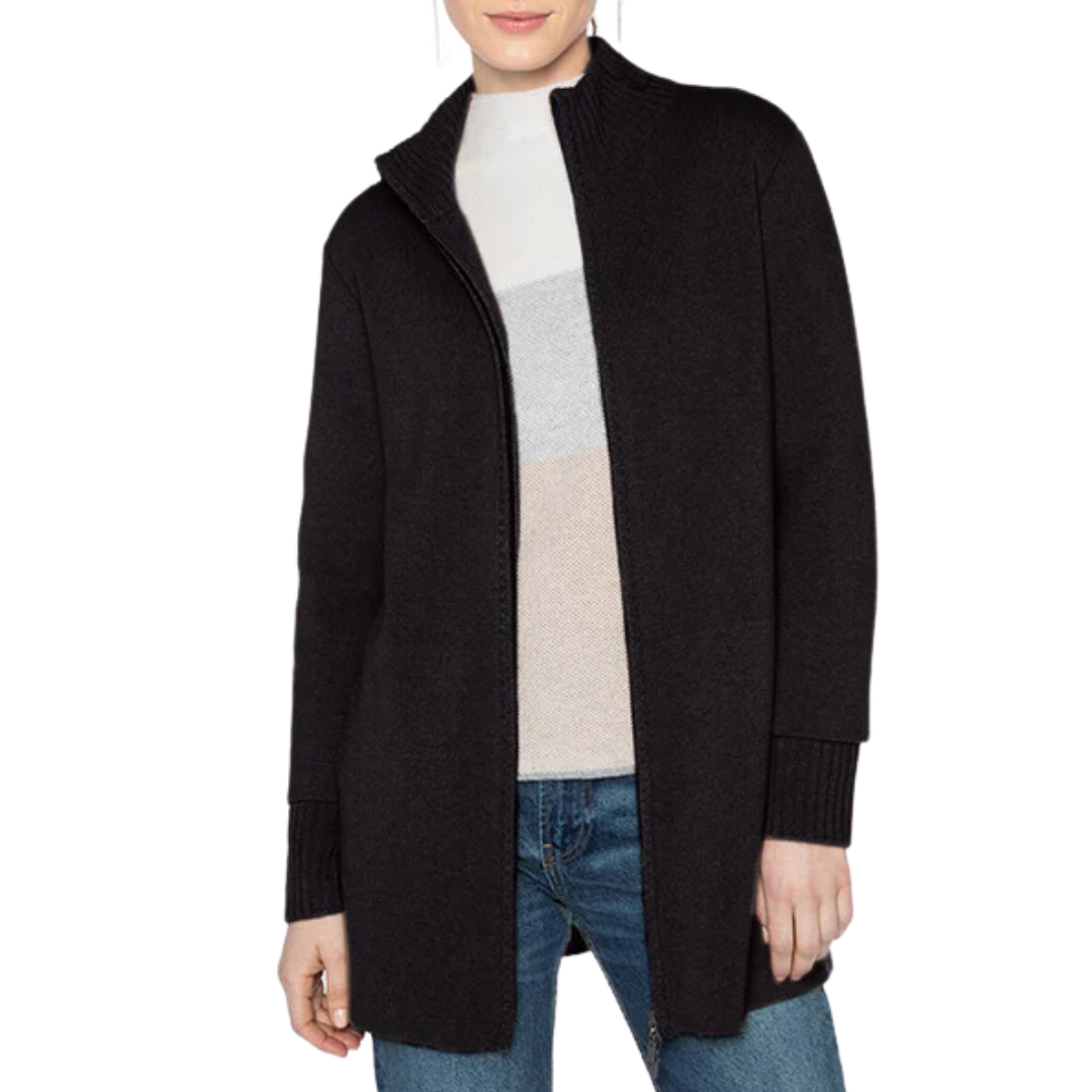 Double Knit Zip Mock Cardigan in Black