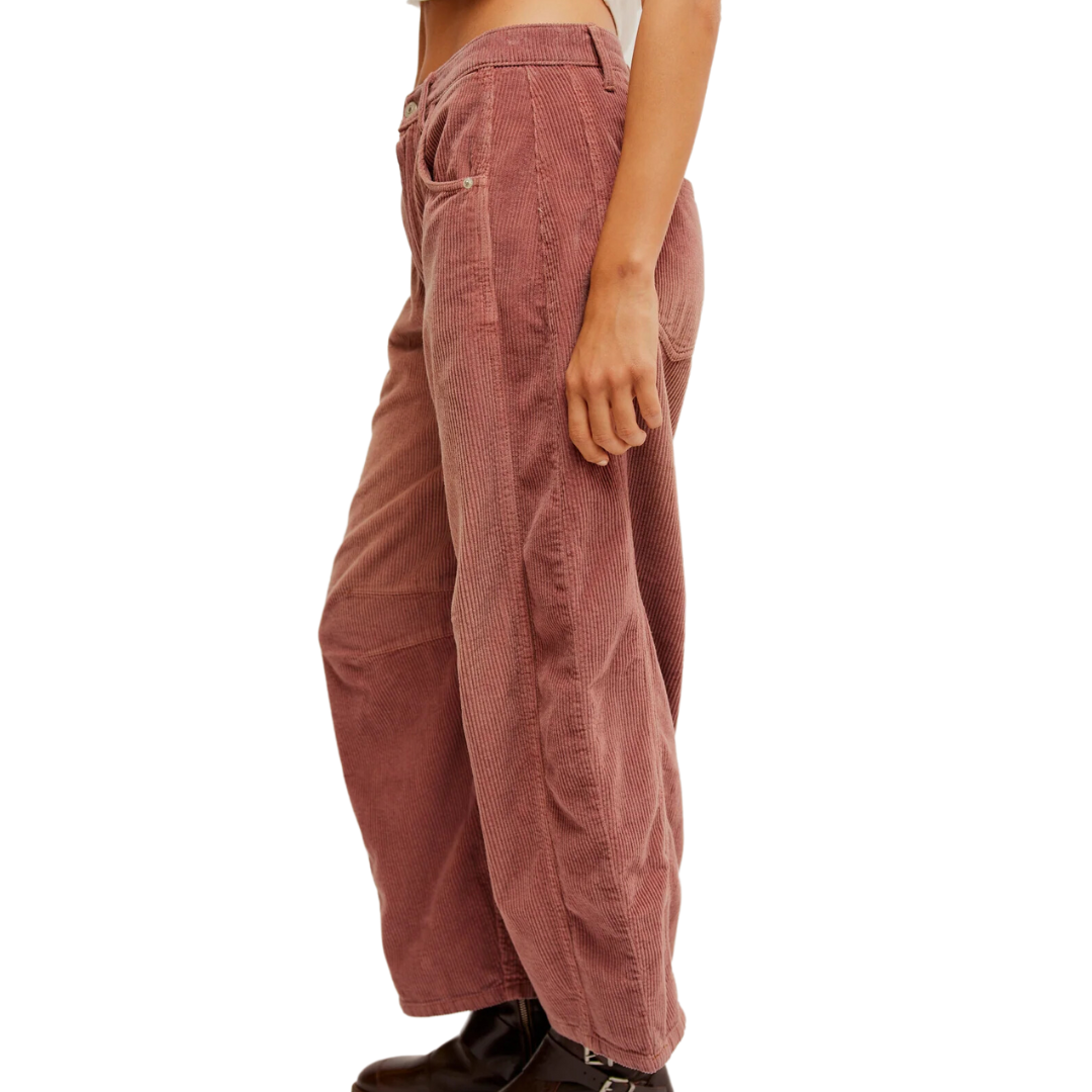 We The Free Good Luck Mid-Rise Cord Barrel Jeans in Withered Rose