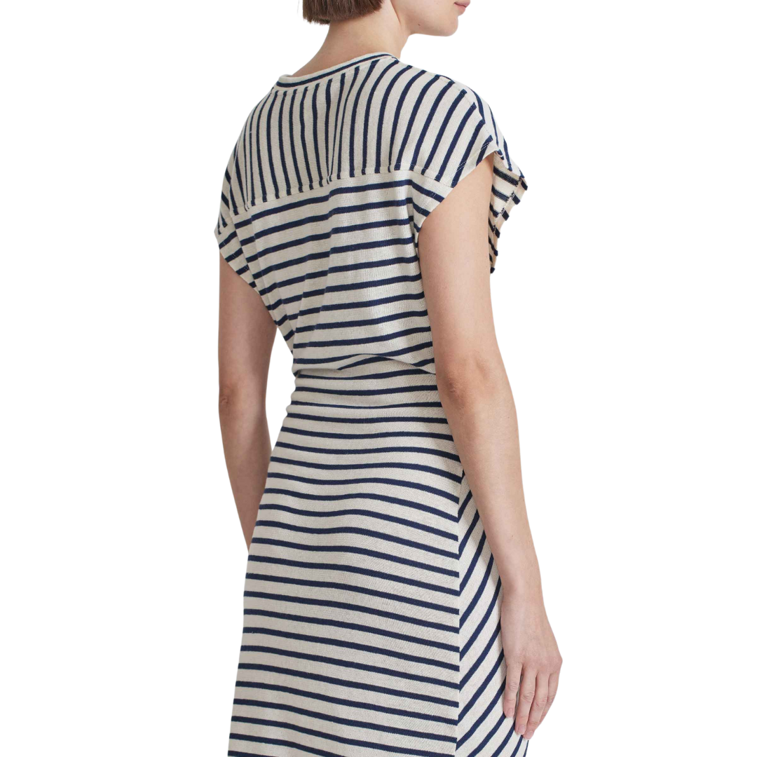 Vanina Cinched Waist Dress in Navy Cream Stripe