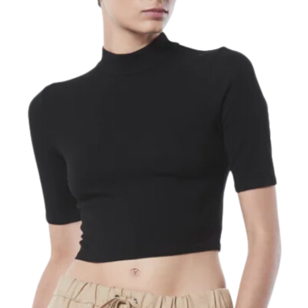 Silk Rib Cropped Half Sleeve Mockneck in Black
