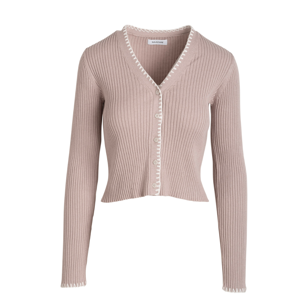 Cotton Cashmere Embroidered Rib Cardigan in Pebble