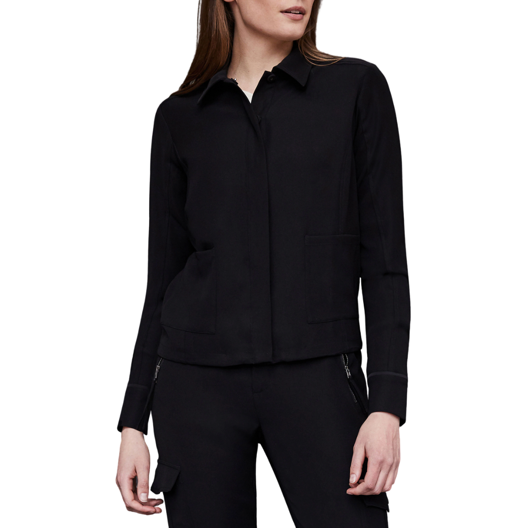 Ecru Jacket With Drawstring Bottom in Black - Front View