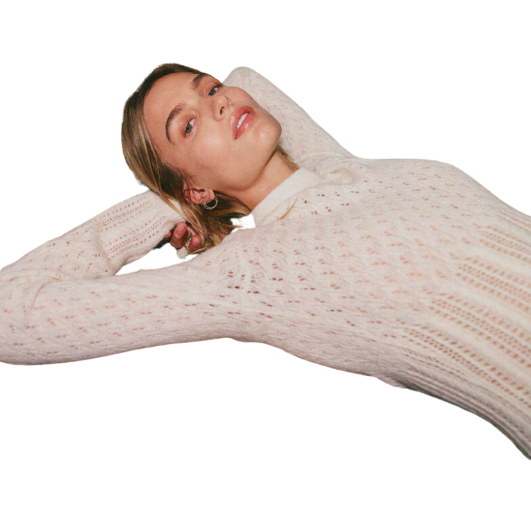 Wool Cashmere Mixed Pointelle Fitted Crew in White