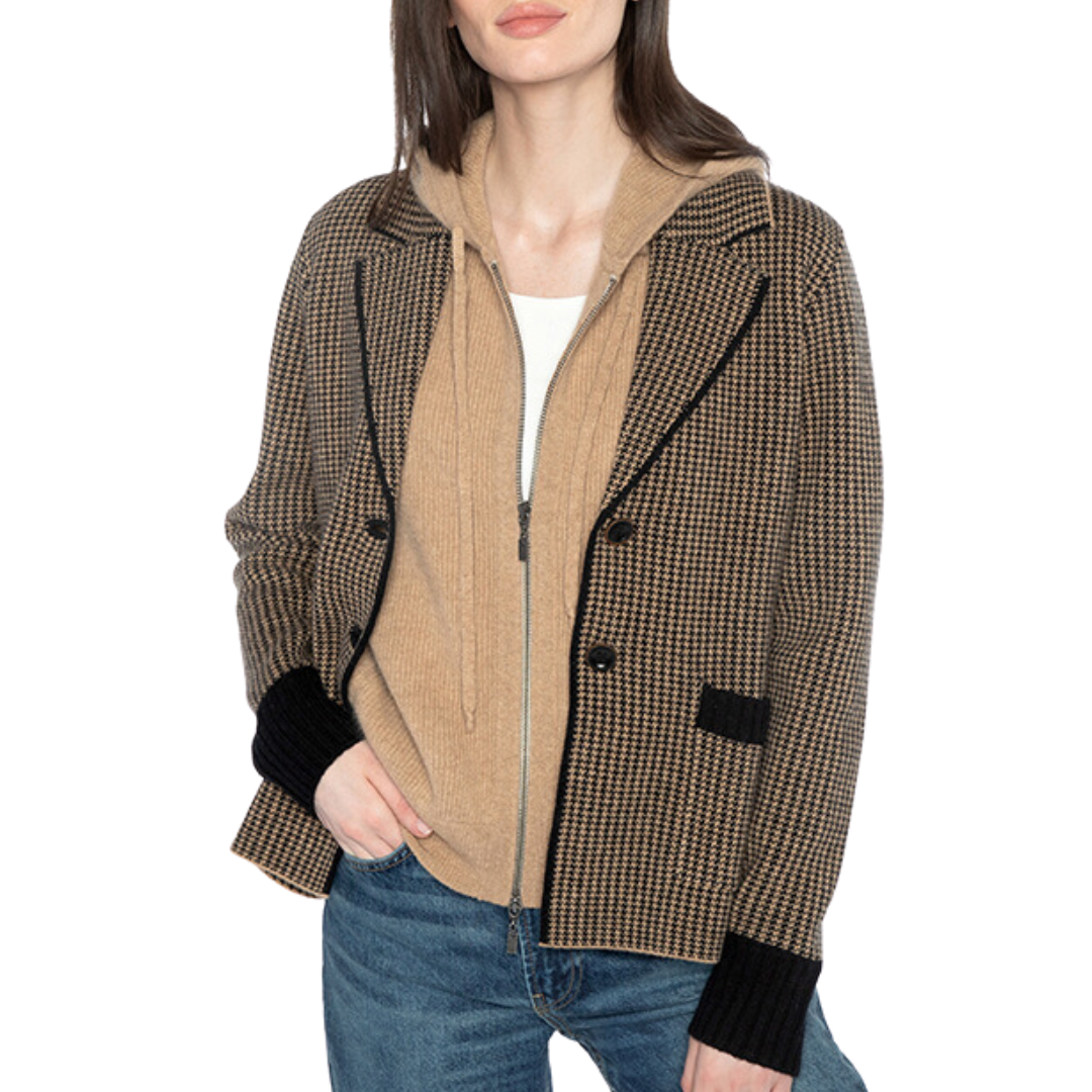 Houndstooth Notch Collar Cardigan in Black/Camel