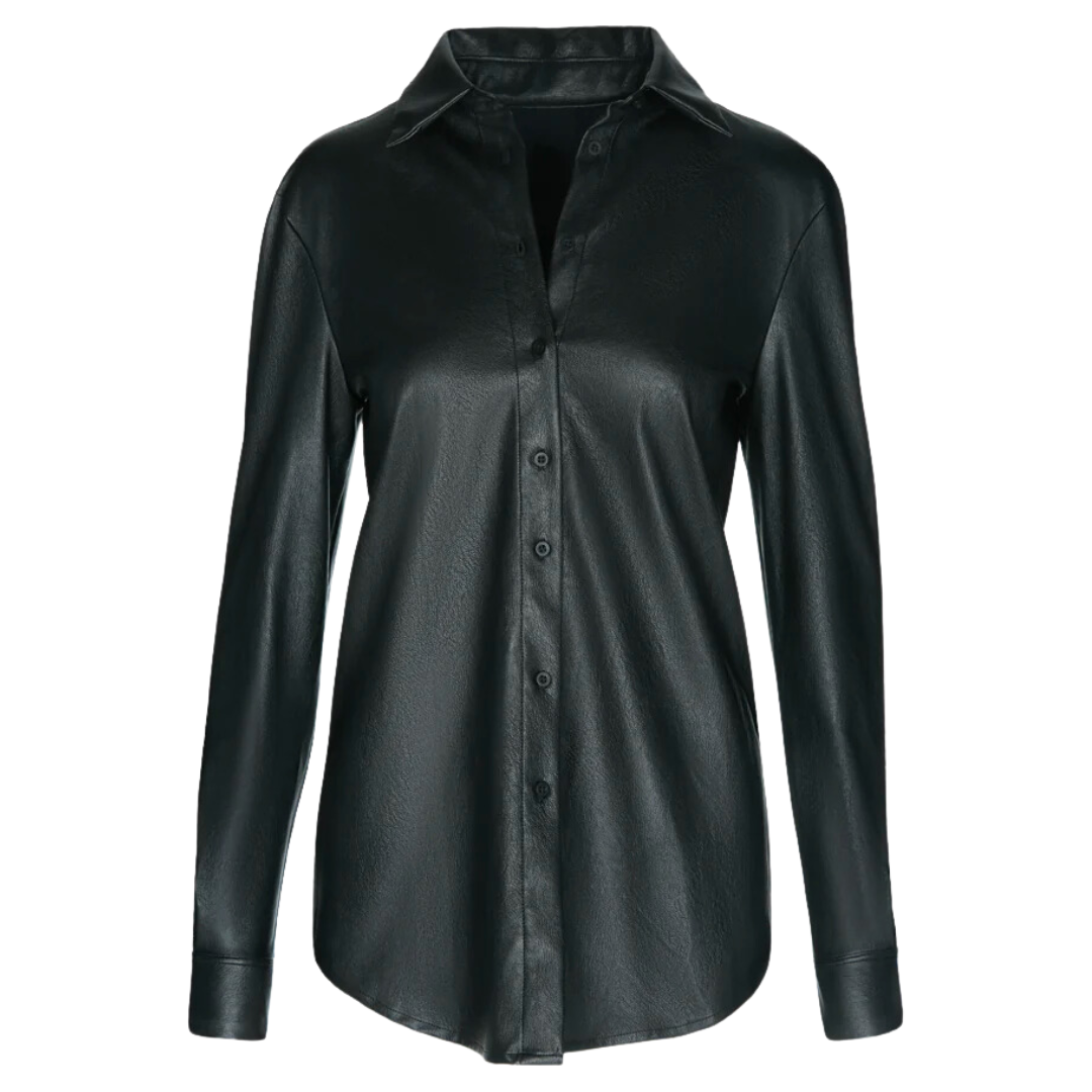 Lightweight Faux Leather Oversized Button Down in Black