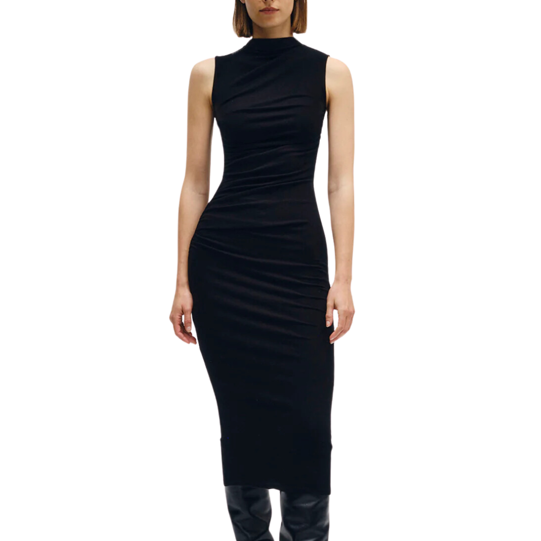 Silk Rib Sleeveless Twist Dress in Black