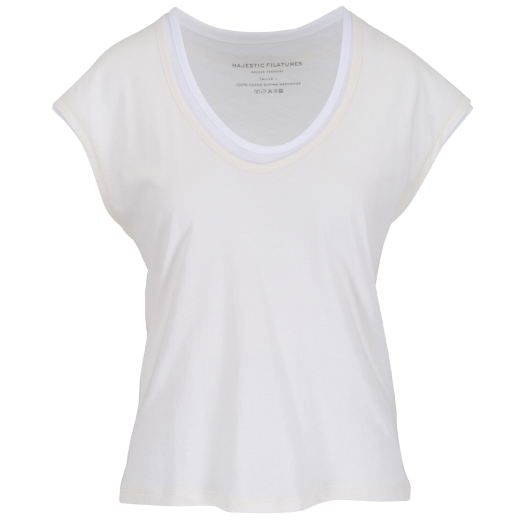 Supima Cotton Double Layer Short Sleeve V-Neck in Cream