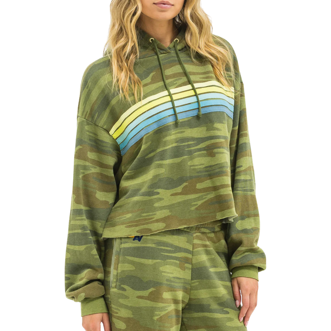 5 Stripe Cropped Pullover Hoodie in Camo/Lime/Aqua