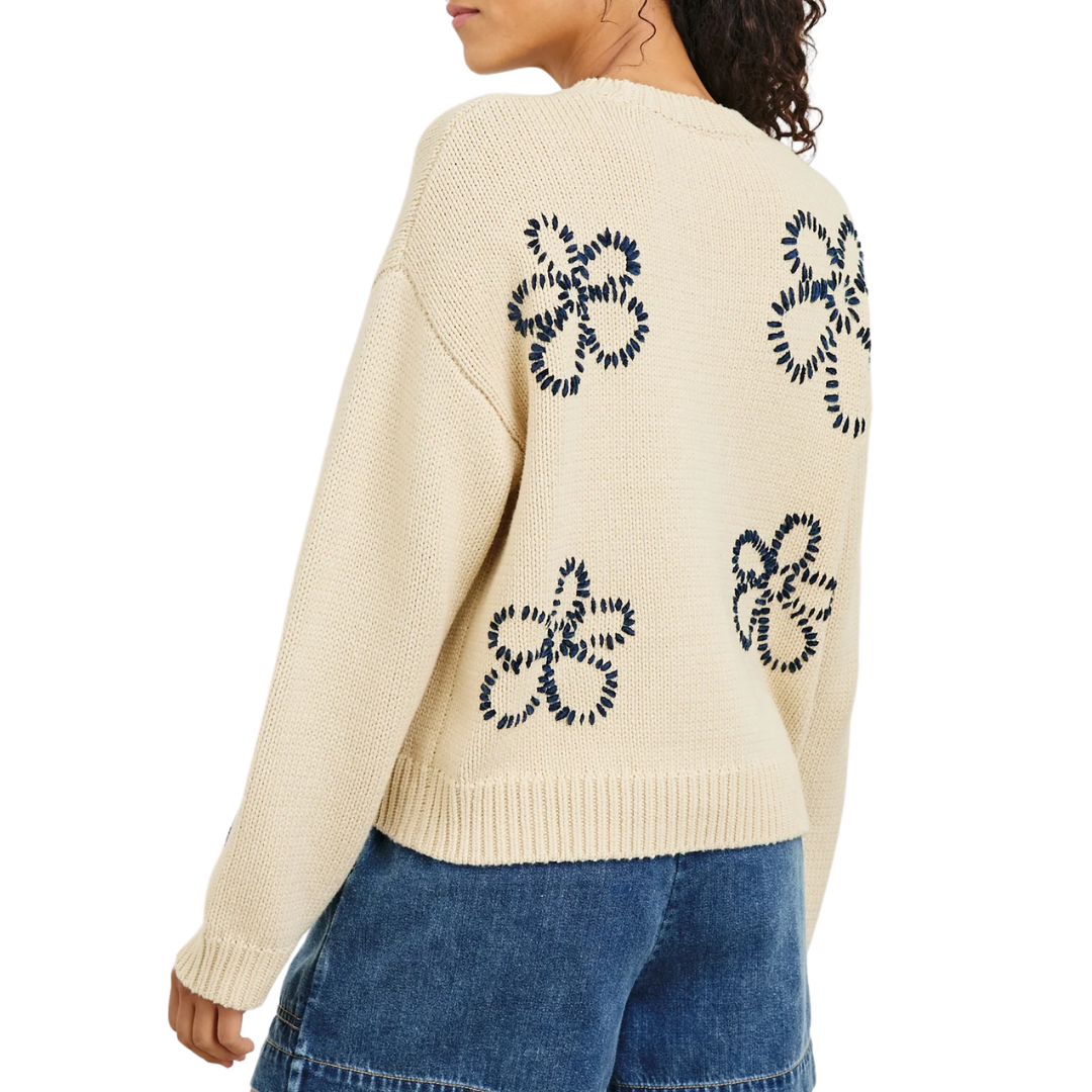 Zoey Sweater in Ivory Navy Stitched Daisies