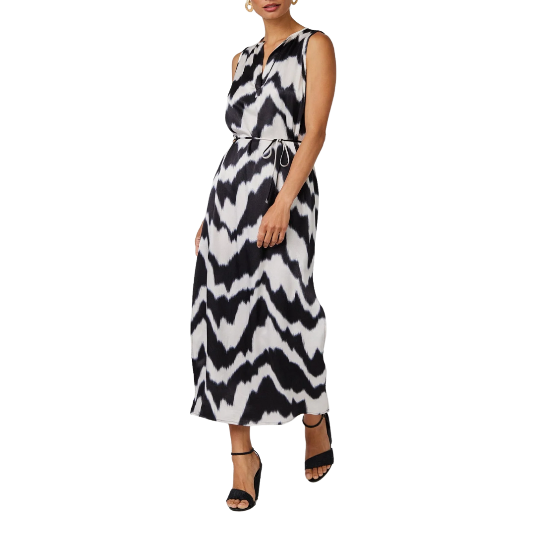 Sleeveless Belted Maxi Dress in Abstract Ikat Print
