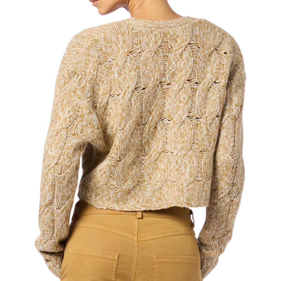 Jolie V-Neck Cropped Cable Cashmere Cardigan in Marled Matte Gold