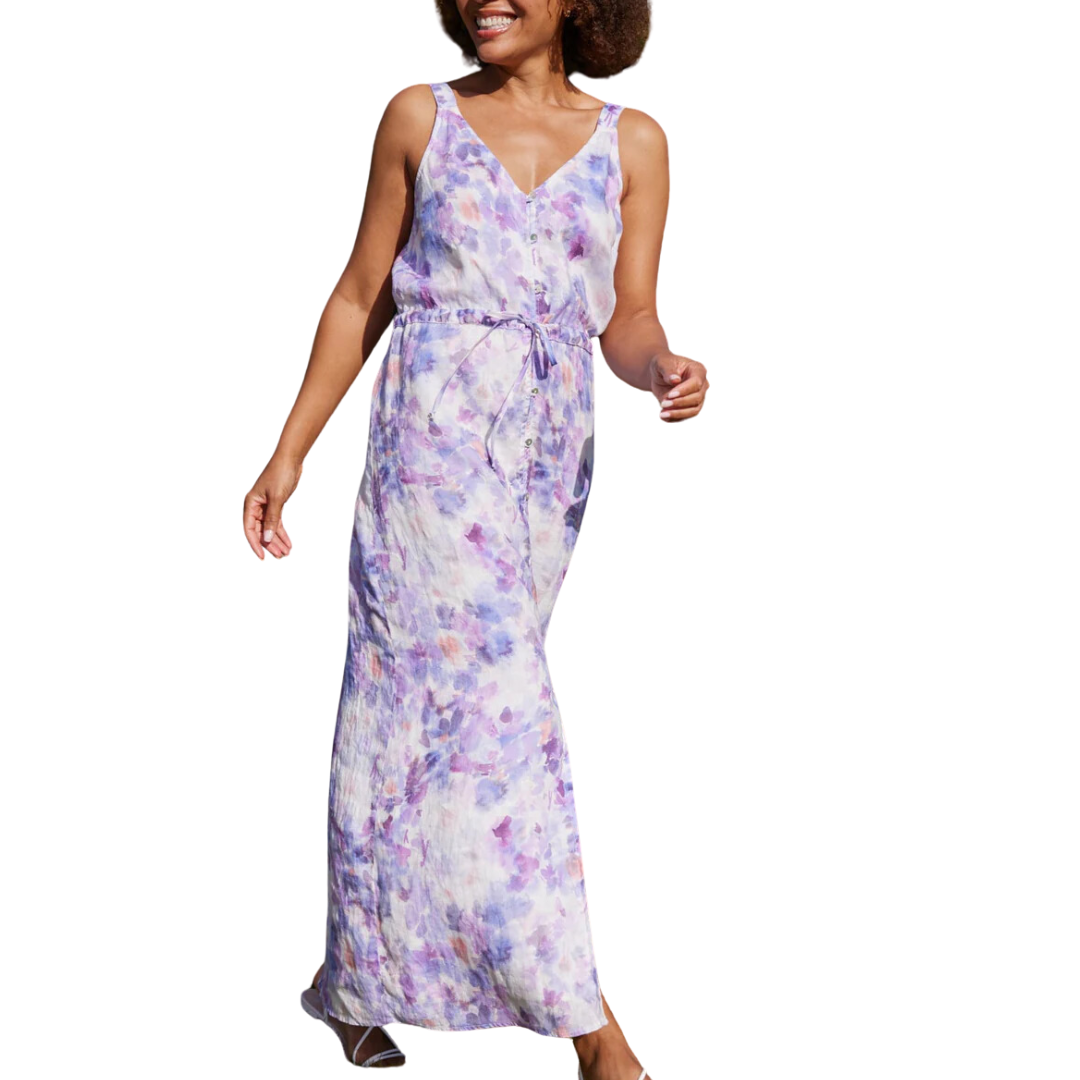 Linen Button Front Dress in Iris Floral Print