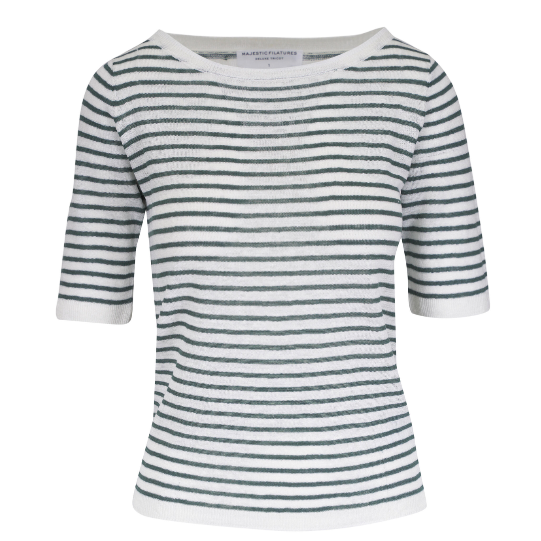 Linen Knit Stripe Elbow Sleeve Crewneck in Agave