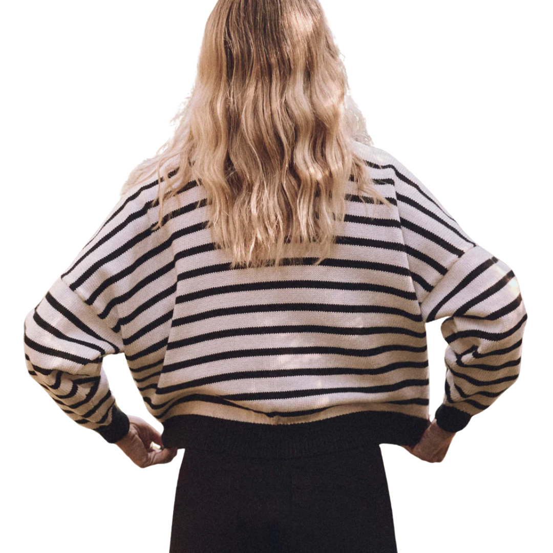 The Roll Neck Pullover in Black and Cream Stripe
