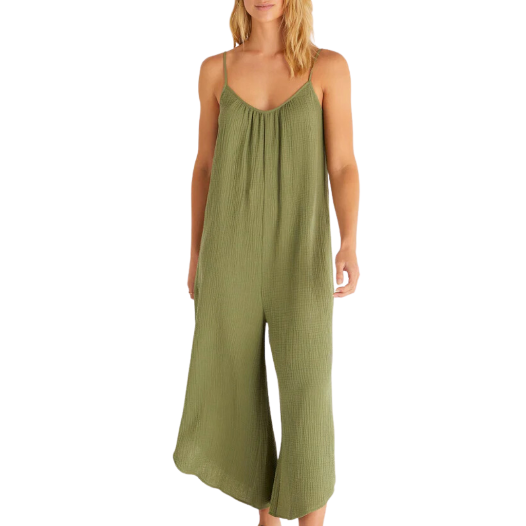 Flared Gauze Jumpsuit in Olive Branch